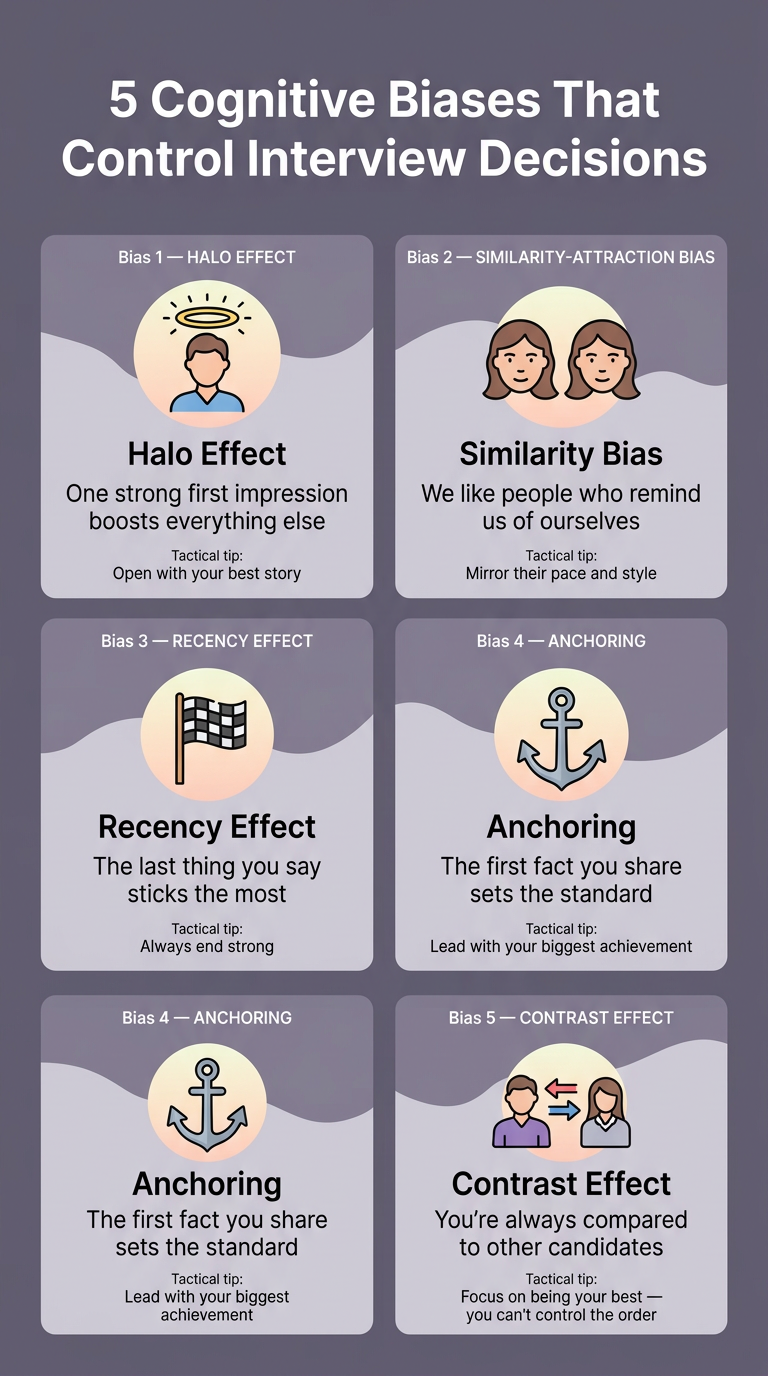 Infographic illustrating five cognitive biases that shape interview decisions: Halo Effect, Similarity Bias, Recency Effect, Anchoring, and Contrast Effect